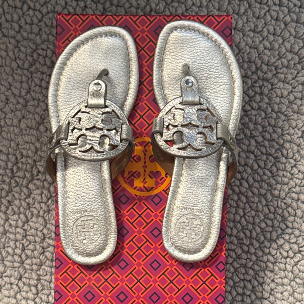 Tory Burch Metallic Silver Miller Sandals, worn once, still in box.